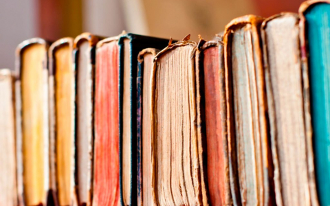 A shelf full of old books with worn covers